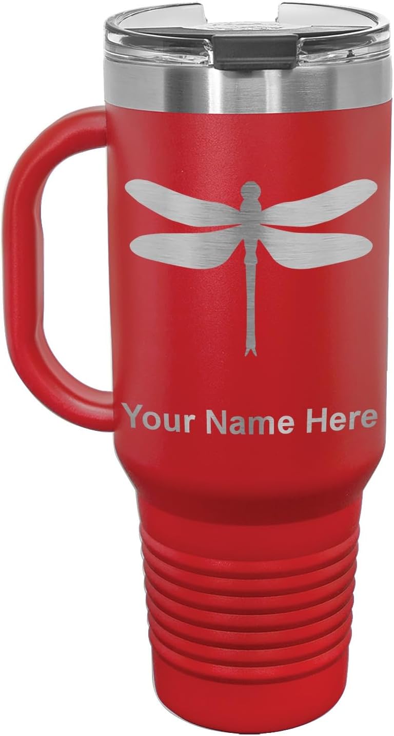 LaserGram 40oz Vacuum Insulated Travel Mug with Handle, Dragonfly, Personalized Engraving Included (Red)