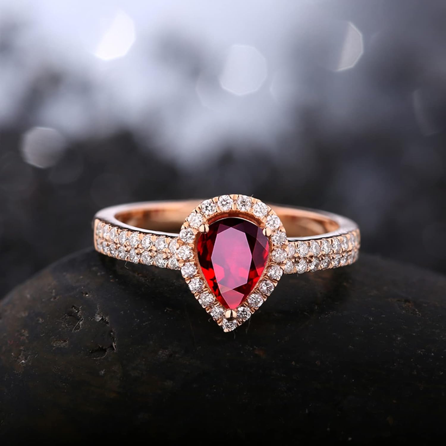 WSX Real Gold Created Ruby Halo Ring for Women Synthetic Pear Ruby Diamond Engagement Wedding Ring for Bridal Wedding