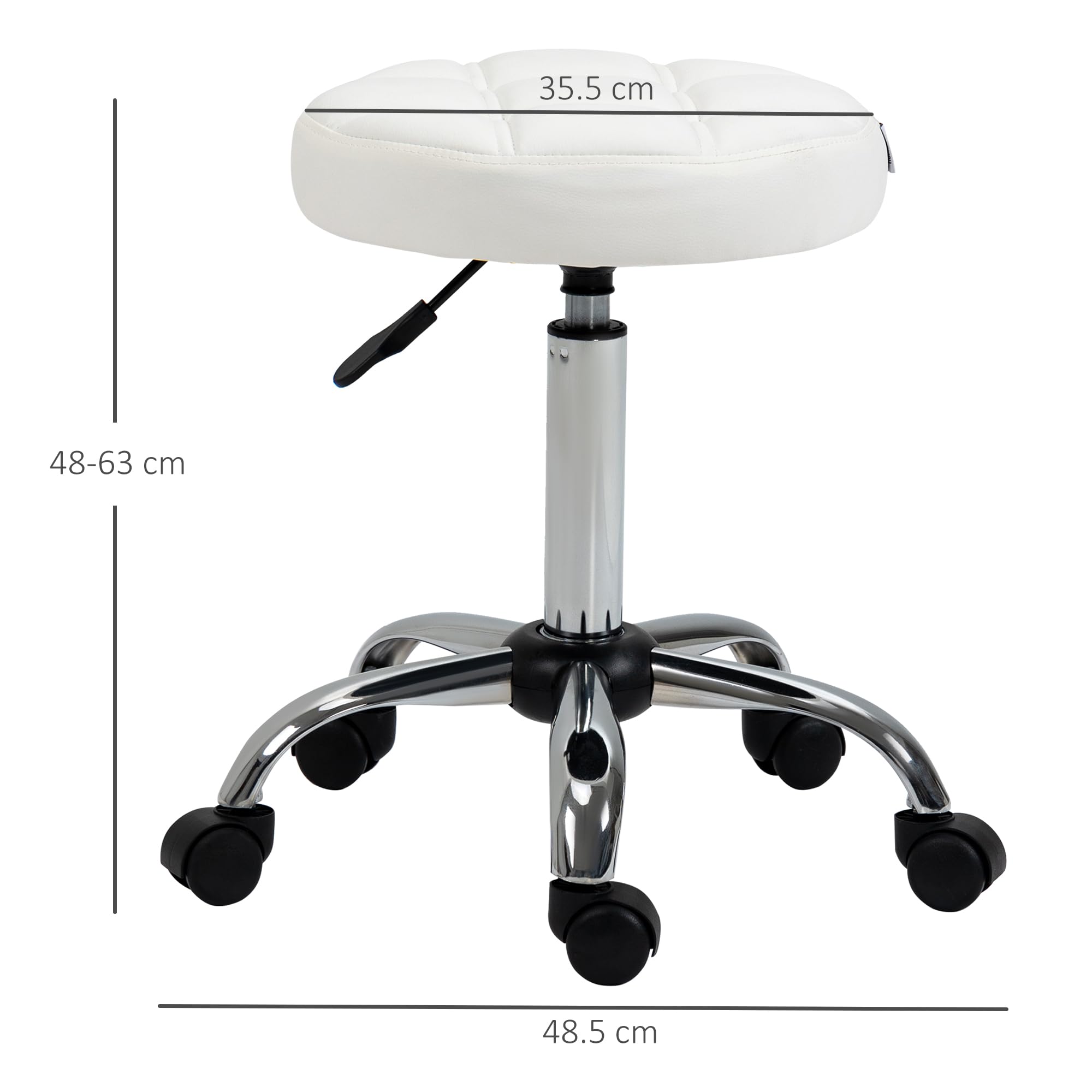 HOMCOM Sgabello Girevole con Ruote Rotondo, Sgabello per Parrucchiere ed Estetista con Altezza Regolabile, Imbottito in Finta Pelle, Bianco