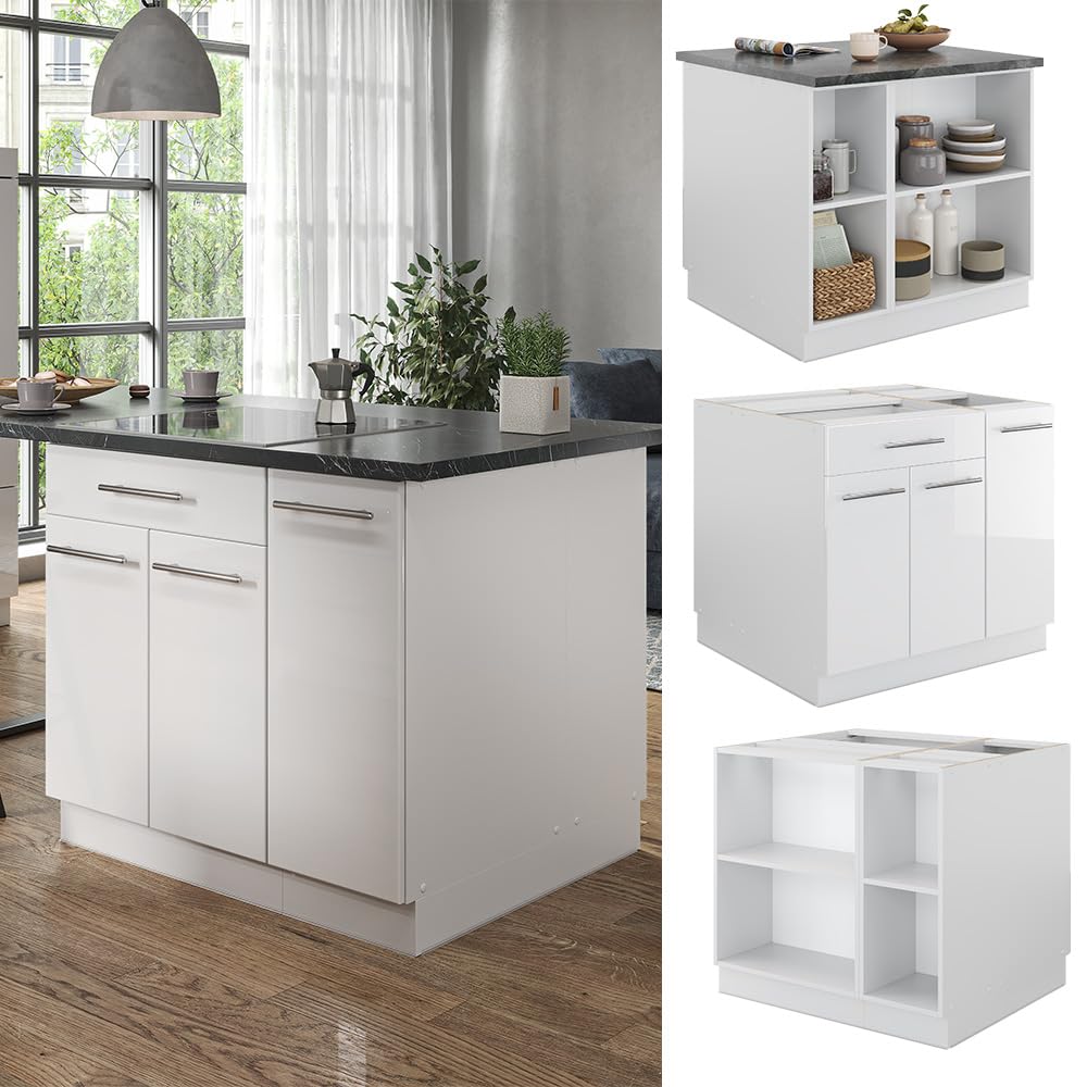 Vicco Kücheninsel Fame-Line, Weiß Hochglanz/Weiß, 90 cm mit Schublade, ohne Arbeitsplatte, kombinierbar mit weiteren Modulen derselben Serie