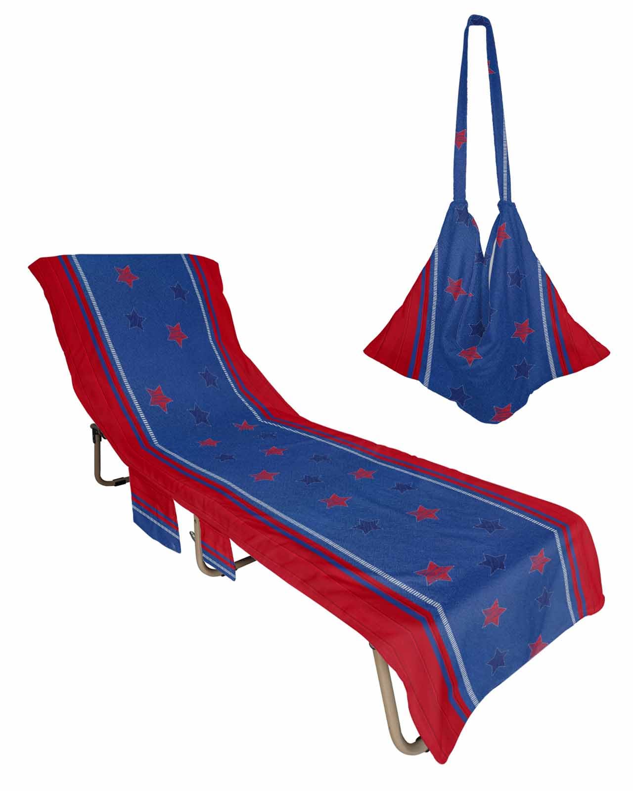 4th of July Beach Lounge Chair Towel Cover, Soft Chaise Lounge Towel with Side Pockets Patio Pool Chairs Cover for Beach/Pool Sunbathing 29x85 Independence Day Blue Red Star Vintage Wooden