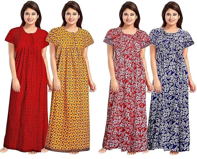 Image of Nighty for Women Cotton Printed Maxi Gown Ankle Length Nighty Night Dress Gown for Women Maxi - Free Size (Pack of 4)