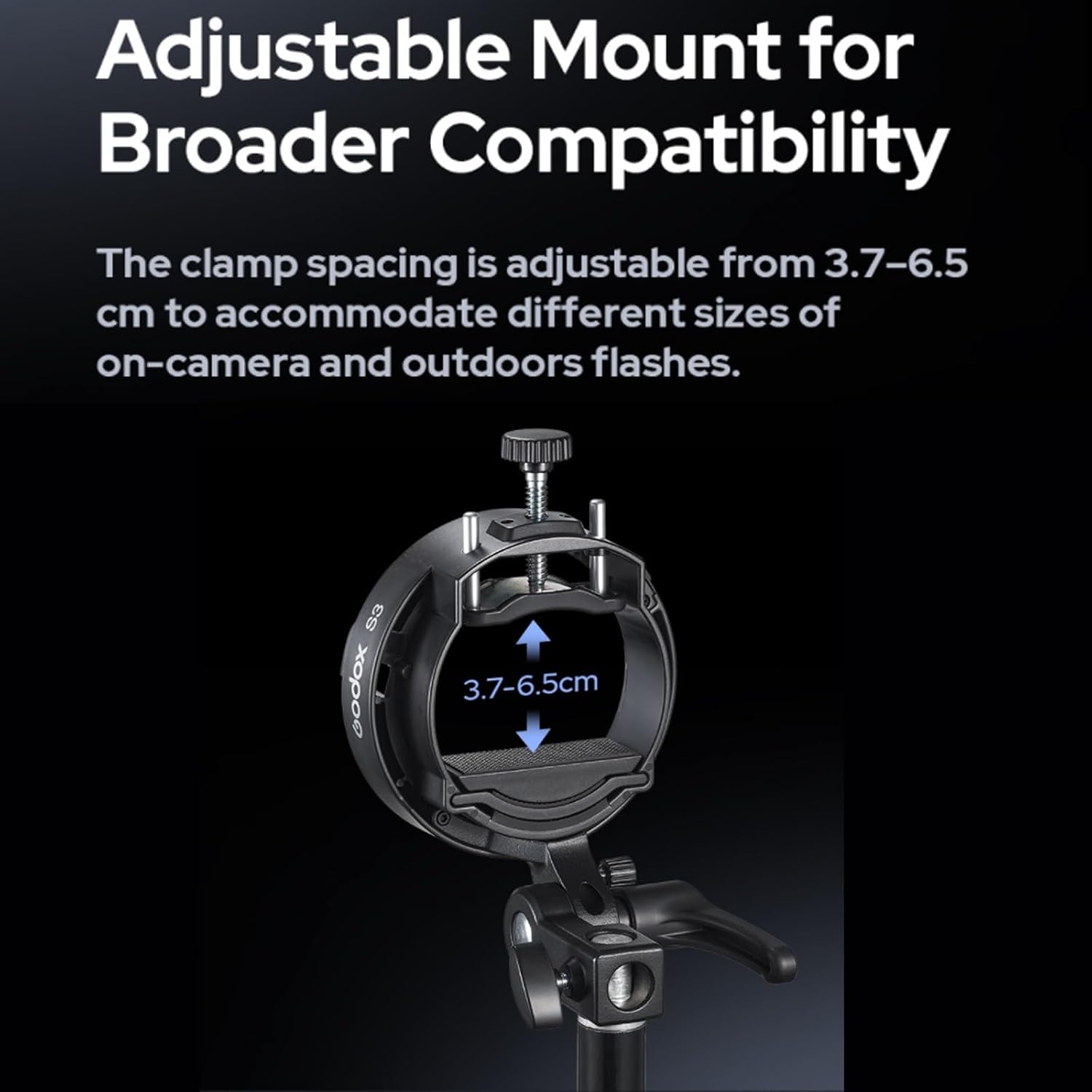 Godox S3 Speedlite Flash Bracket for AD200 Pro II, AD400Pro II, AD300Pro, for Godox V1 Pro, V100 Round Head Flash, V860III / TT685II/ TT350 Series, Tilts ±90° S-Type Bracket Bowens Mount Holder