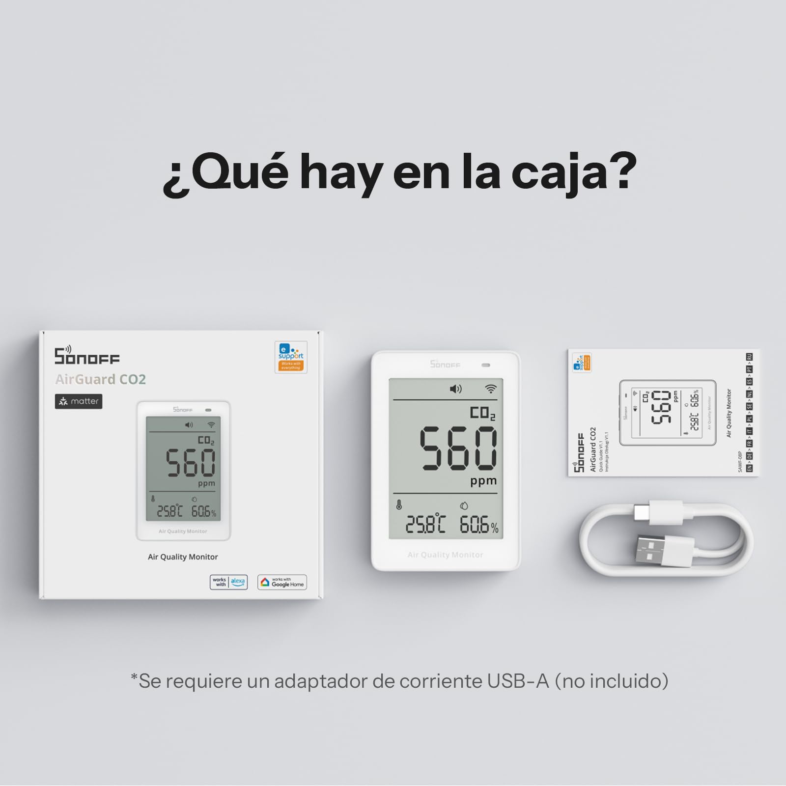 SONOFF AirGuard CO2, Monitor Inteligente de Calidad del Aire, Compatible Matter, WiFi 2.4GHz, Detector de CO2/Temp/Humedad, Display y Alarma en Tiempo Real, para Dormitorio/Habitación Infantil