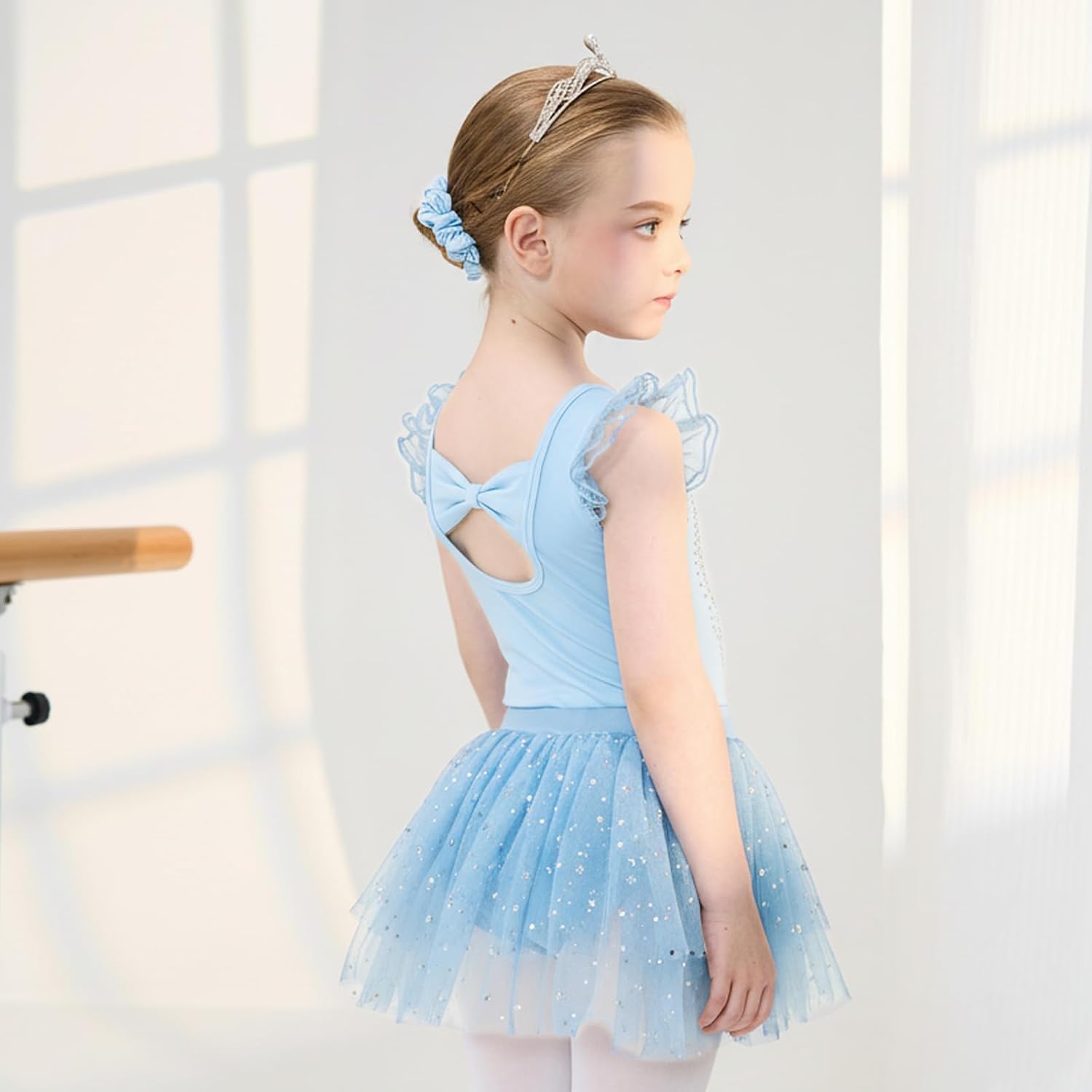 Girls Ballet Leotards 3 Pcs Set Ruffle Sleeve Dance Dress with Removable Tutu & Scrunchy Bow Back Combo