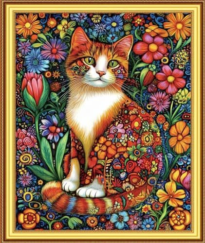 Image of Foxnyart Stamped Cross Stitch Kits Full Range of Embroidery Needlework Starter Kits for Beginners Adults 11CT Embroidery Patterns Art Crafts DIY Needlepoint Kit-Colorful Flower Cat 16x20 inchs