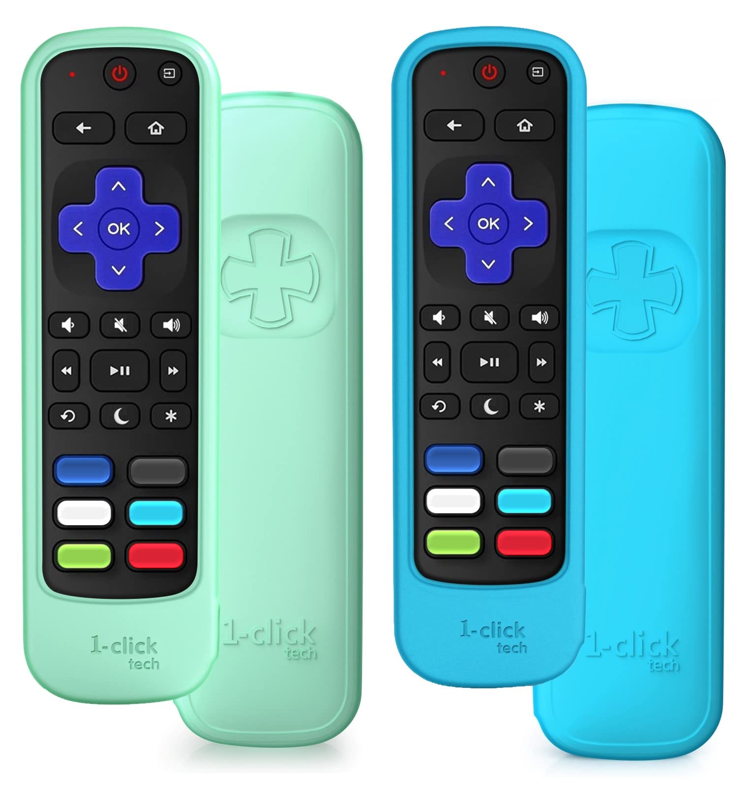 1-clicktech[w/Cover] for【Roku TV/Roku Box】 2-in-1 w/TV Volume for TCL Hisense ONN. All Built-in Roku TV, and for Roku 1/2/3/4 Express Ultra LT HD XDS【NOT for Stick】(Remote + Pine Green Cover)