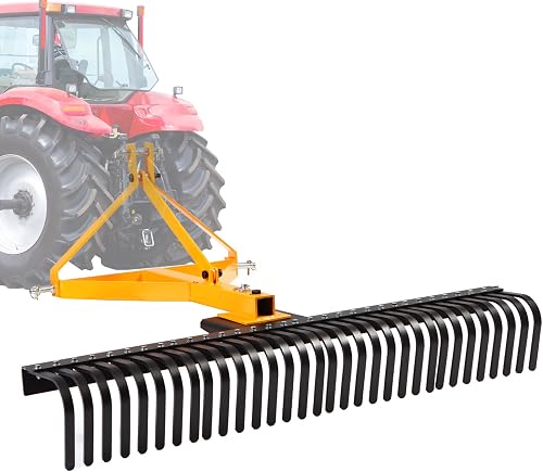 61.2" 3 Point Rock Rake Landscape Rock Rake Lawn Tractor Rake Heavy Duty 360°Rotation Tow-Behind 3.5 FT Fit Category 1 Tractor Perfect for Garden Lawn Care and Landscaping (Black 61.2 in)