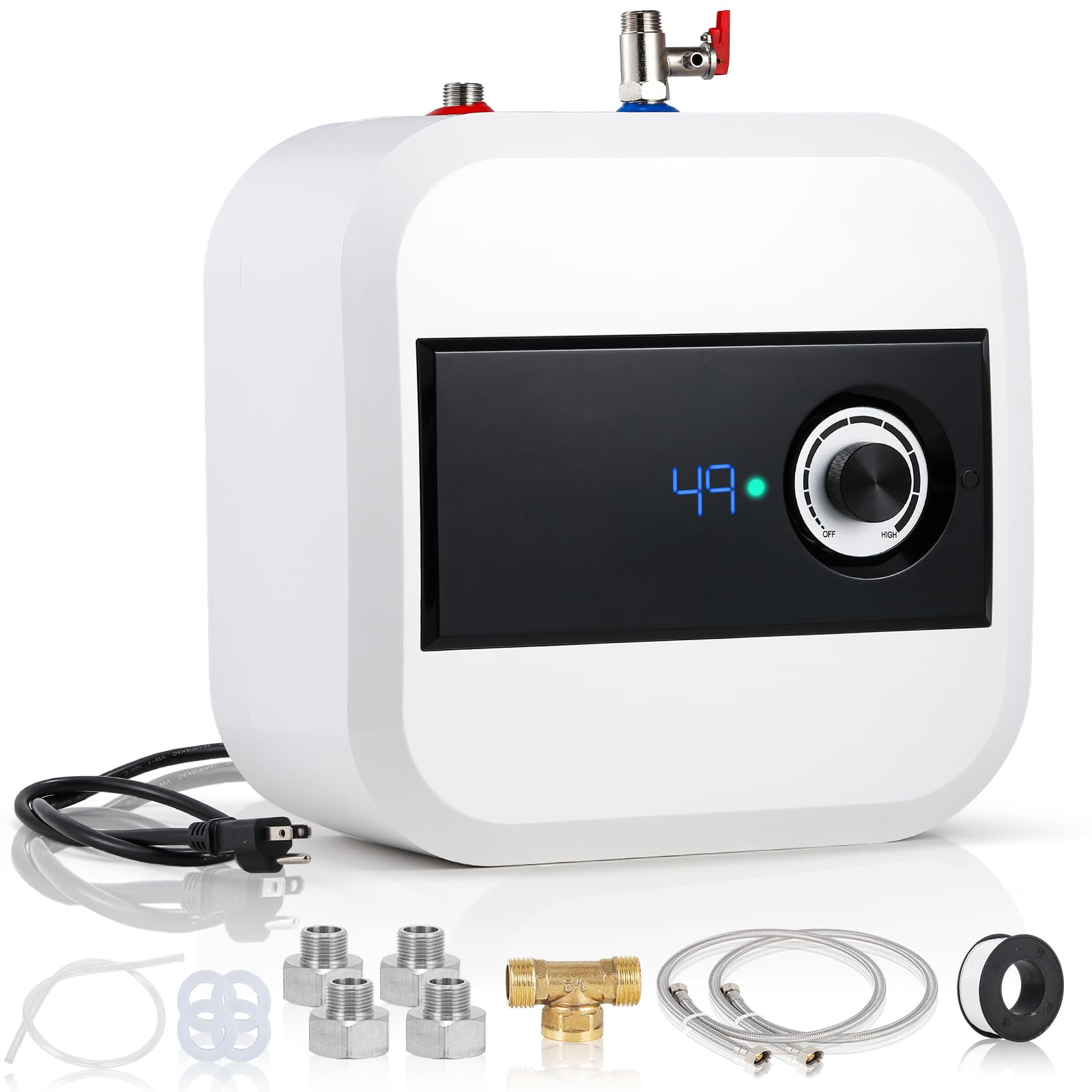 Moongiantgo 10L Scaldabagno da Sottolavello, Mini-Tank da Parete/Pavimento | Con Display Digitale Raccordi Ottone, Serbatoio Acqua Calda Istantanea 30°c-65°c, Ipx4 Sicuro, per Cucina Bagno Camper