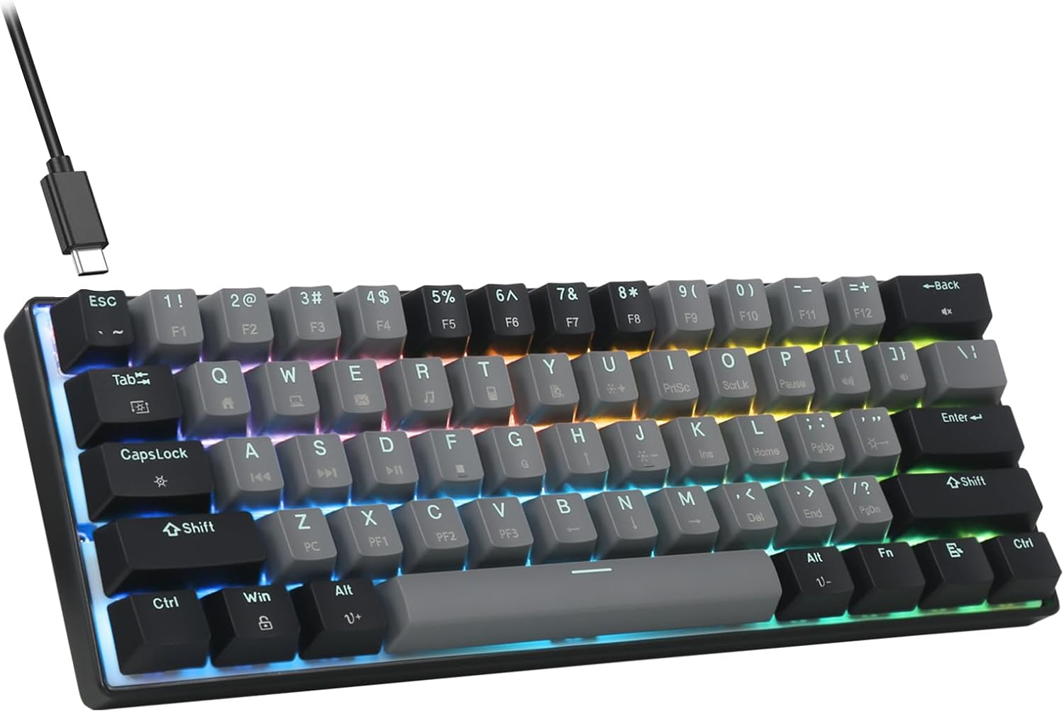 HUO JI CK608 ゲーミングキーボード 有線 赤軸 メカニカル 英語配列 静音 高速応答 レインボーLEDバックライト パソコンキーボード Windows