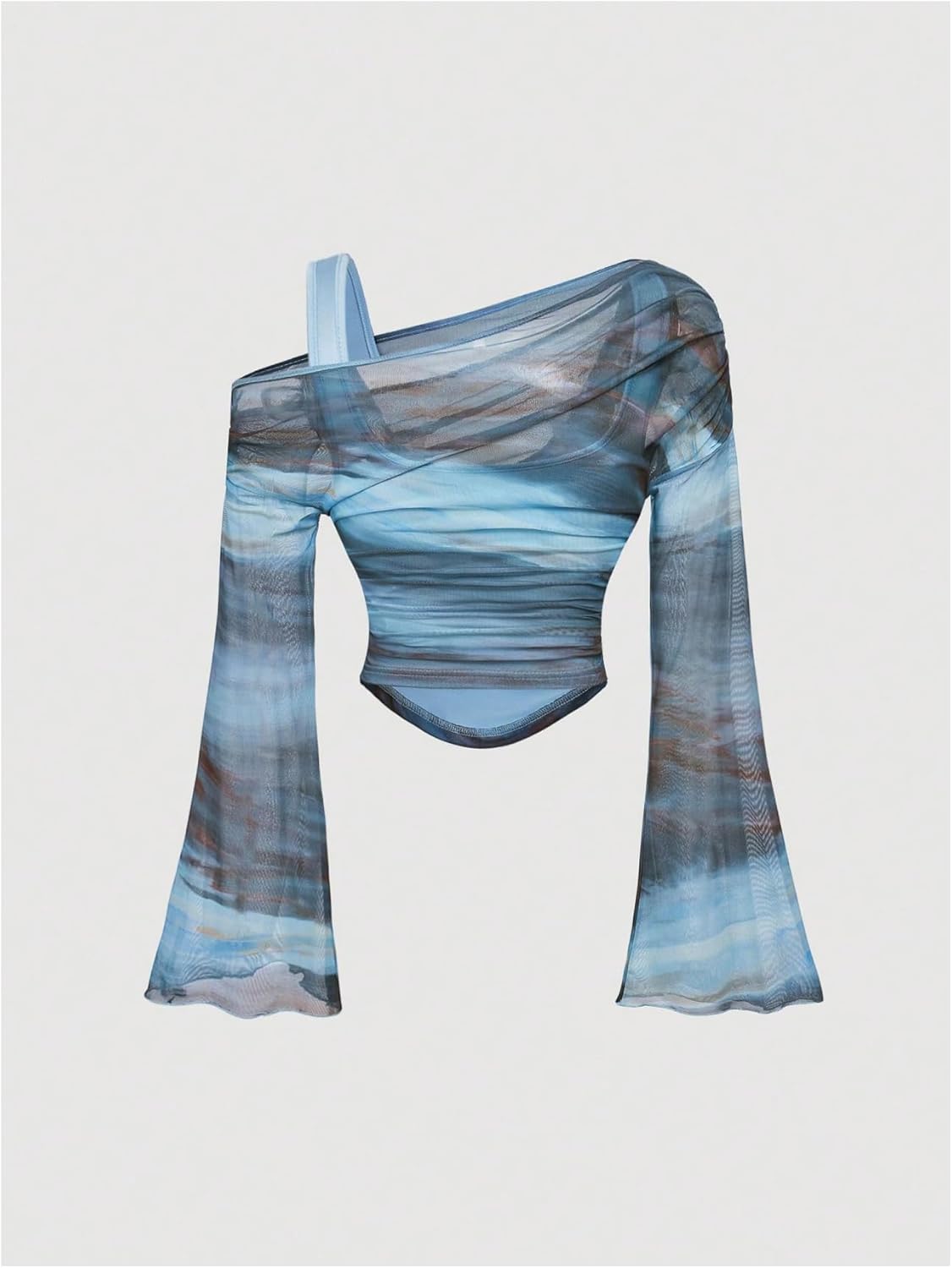 Women's Y2K Lettuce Trim Long Bell Sleeve 2 in 1 T Shirts Mesh Asymmetrical Neck Ruched Tee Shirts Crop Top Blue Tie Dye Small - Image 2