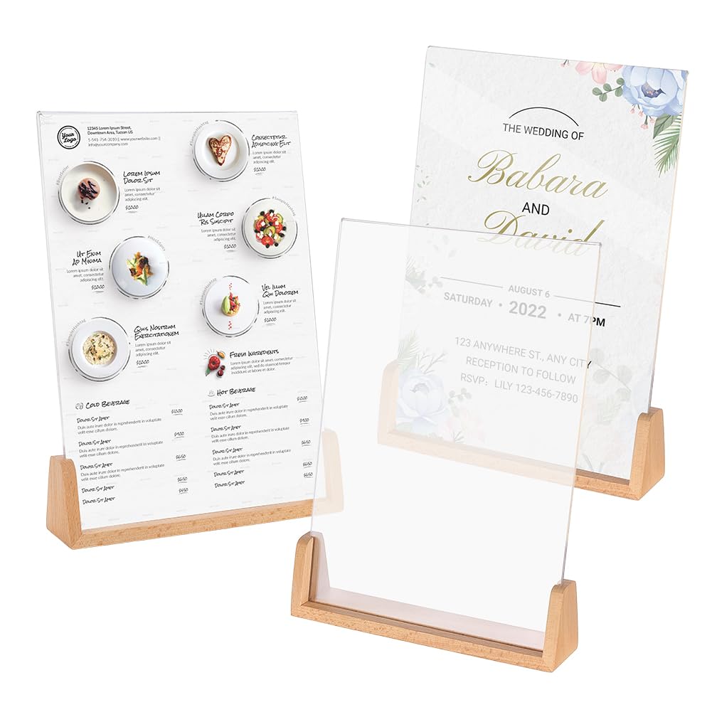 MAYJOYDIY Acryl-Schilderhalter mit Holzsockel, 22 x 5 cm, transparenter Menüständer, rechteckig, vertikal, Flyer, Präsentationstisch, Papierhalter für Büro, Geschäft, Restaurants, Hochzeit, Party