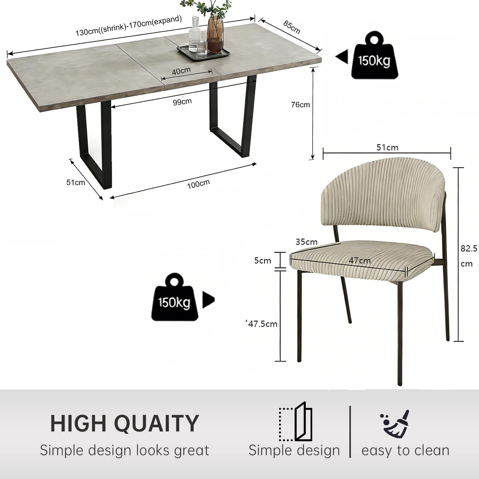 Table salle à manger extensible 130x170 cm MDF ciment 6 chaises textiles moderne