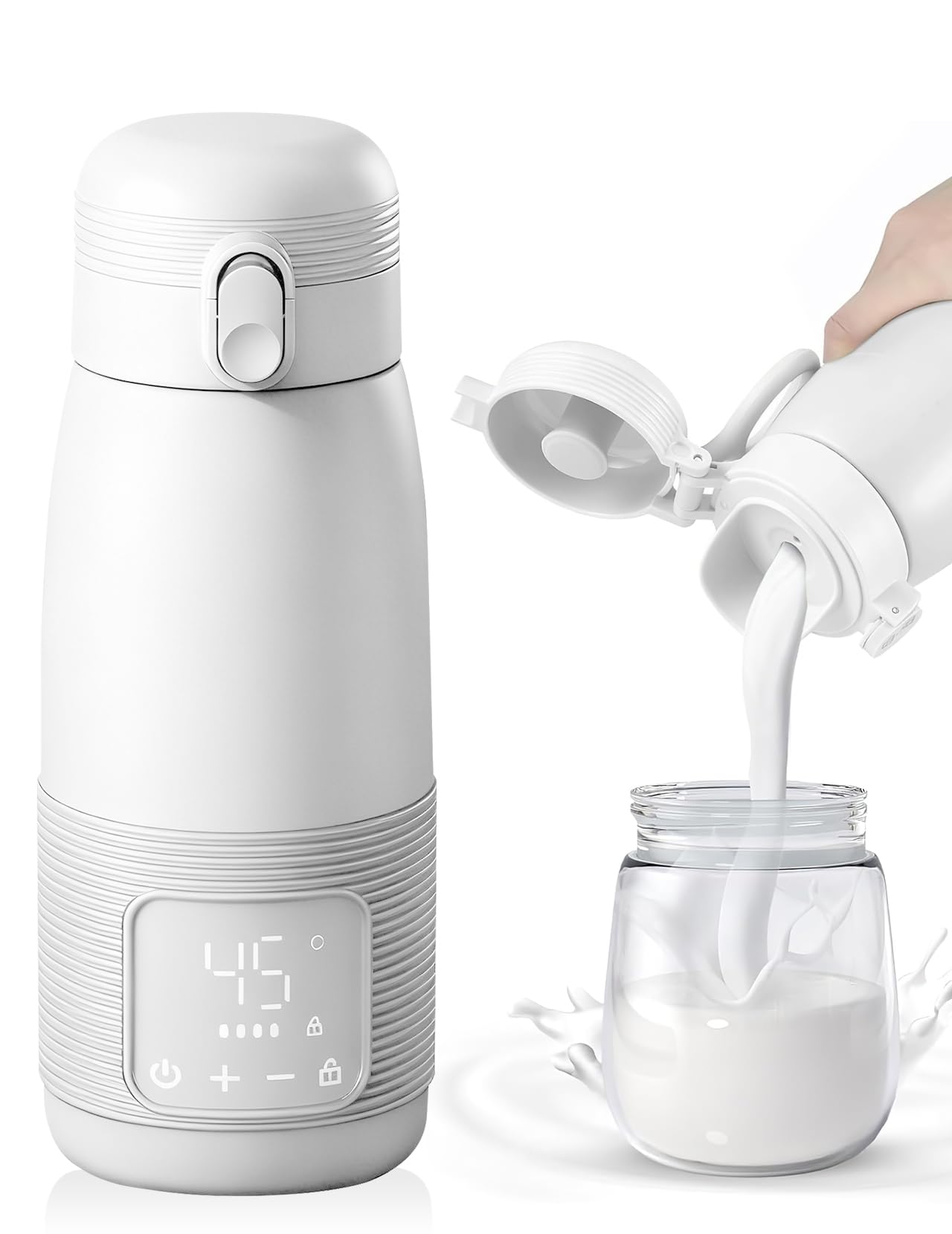 Tragbarer Flaschenwärmer, 500ml Flaschenwärmer Baby Unterwegs Präzise Temperaturkontrolle 37 Bis 55 Grad Einstellbar für Reisen Nachtfütterung (Weiß)
