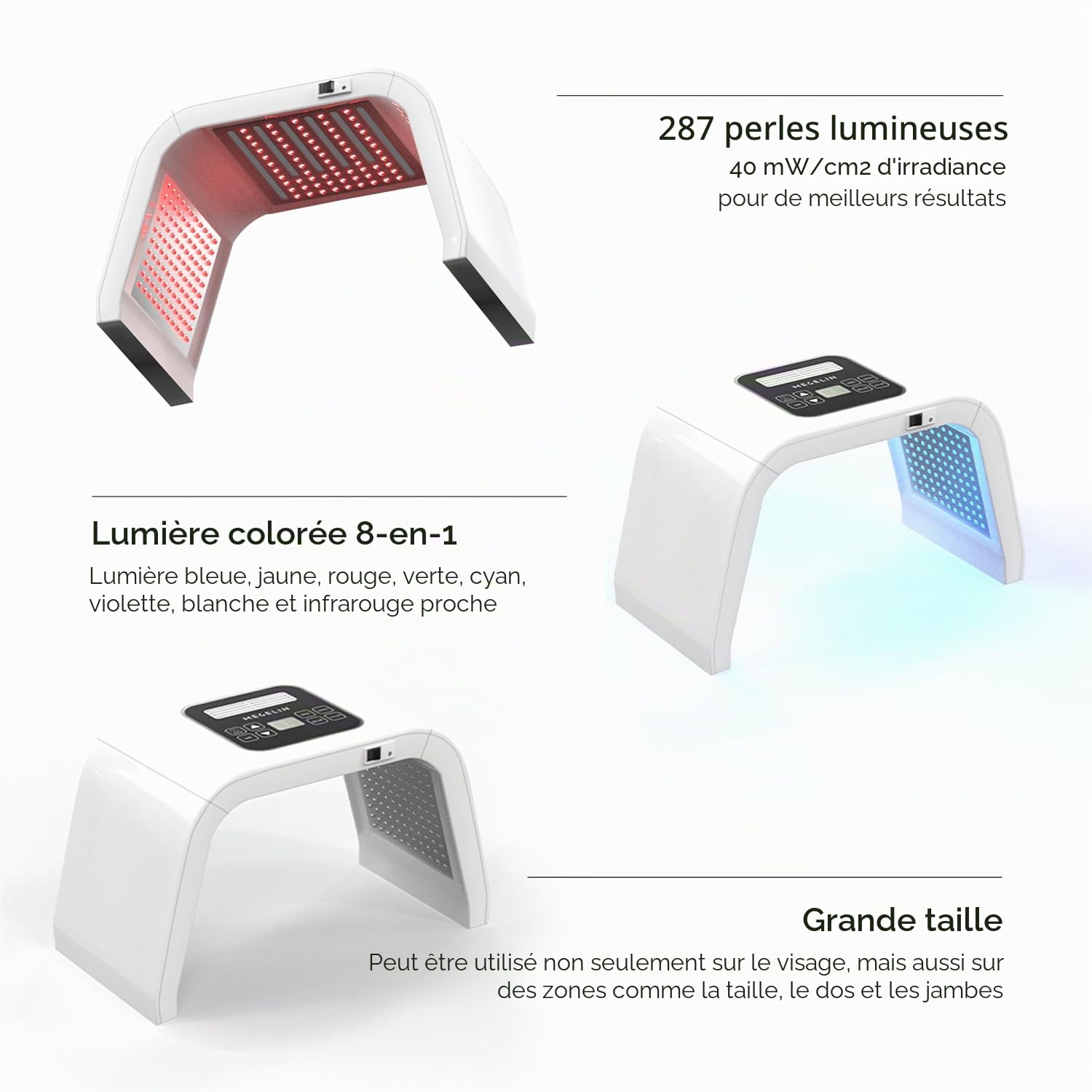 MEGELIN Appareil de thérapie par lumière LED avec 8 couleurs, lampe à lumière rouge infrarouge en forme de U pour le visage, masque facial LED de luminothérapie, dos et corps