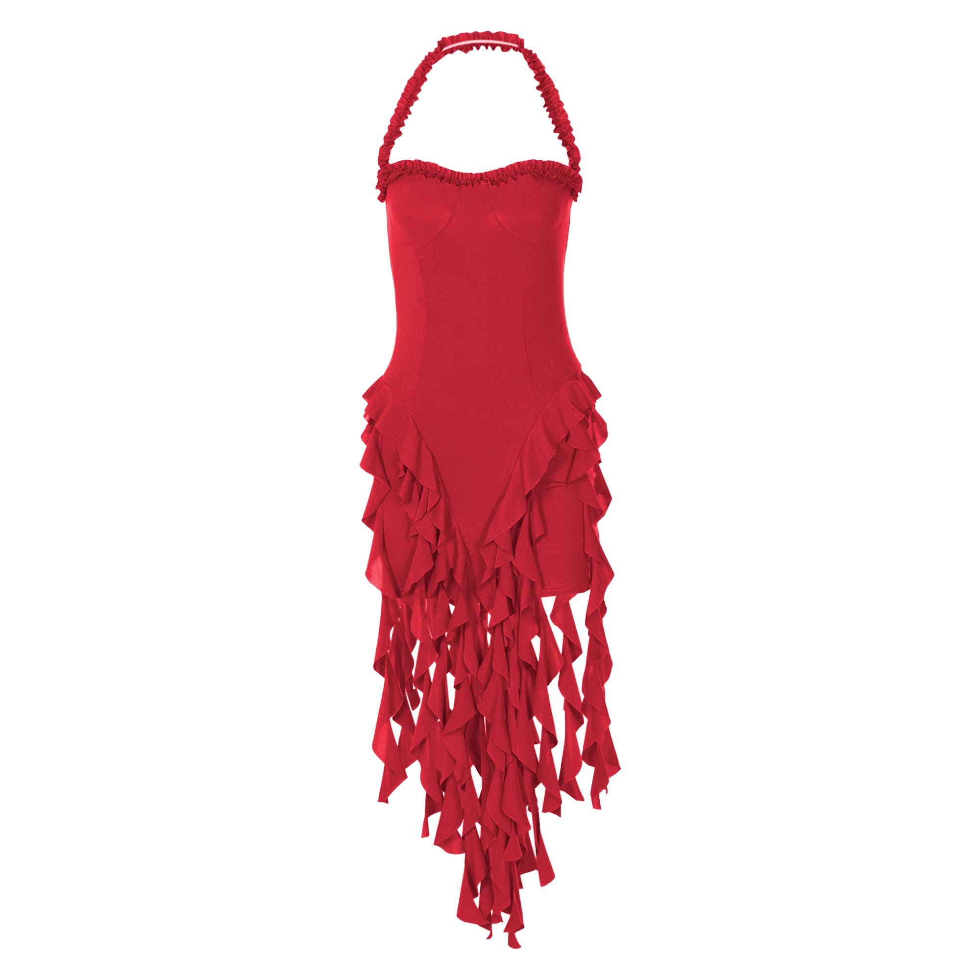Women Sleeveless Ruched Double High Split Gown Sexy Strapless Ruffle Dress Jellyfish Lace Irregular Bodycon Frock (Red 3,M)