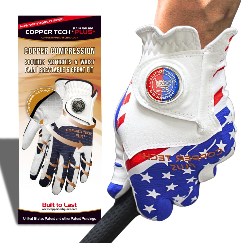 Copper Tech Plus Men's Golf Gloves Left Hand - USA Flag Golf Glove with Ball Marker - Perfect for Summer Golfing - 100% AAA Synthetic Tacky Leather Only (Hand Orientation: Left, X-Large)