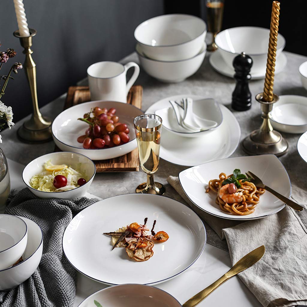 Stilvolle Essteller, Keramik-Geschirrset, 26-teiliges Set aus Tellern und Schüsseln aus Bone China/Porzellan-Geschirrset in Reinweiß mit blauem Rand