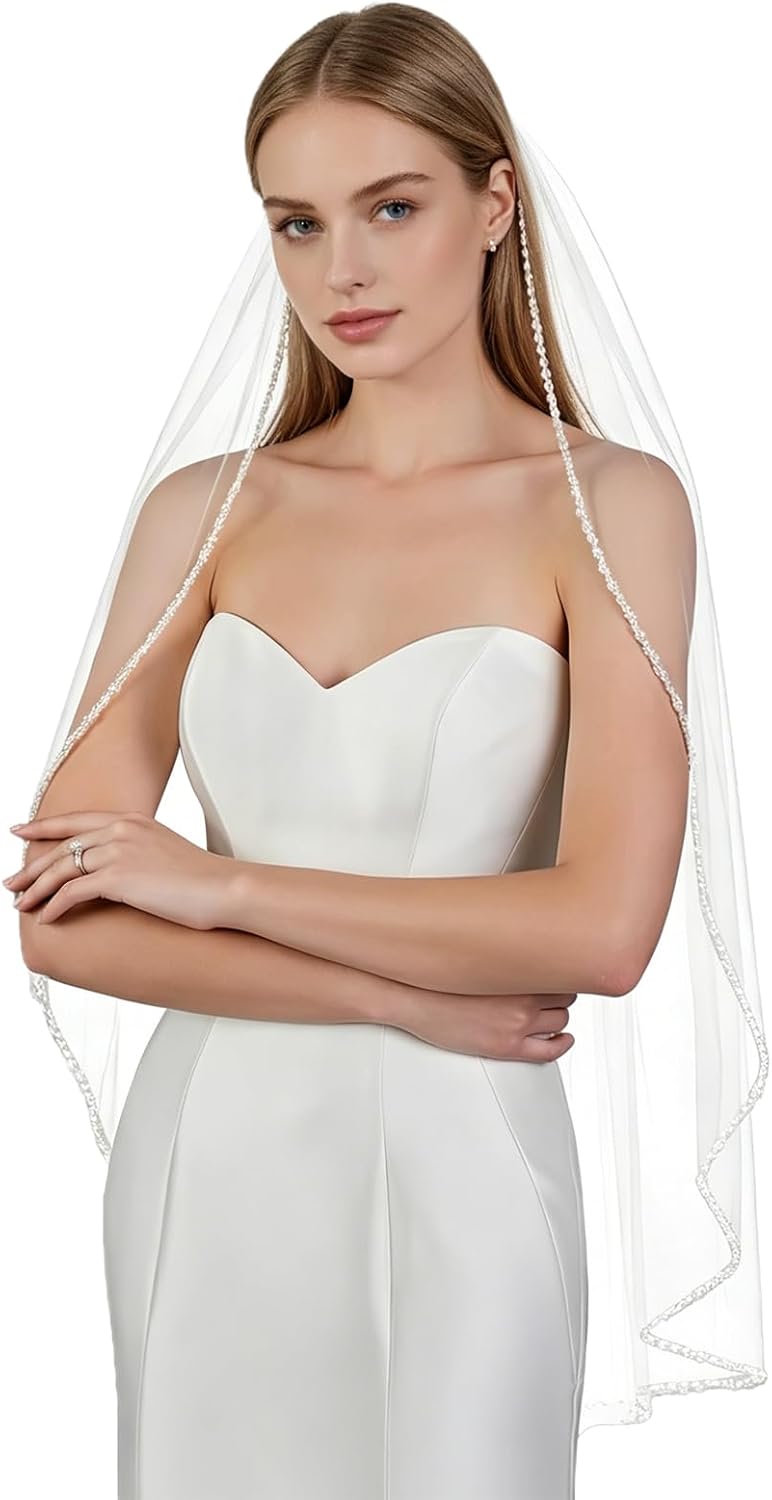 Wedding Veil Pearls and Crystals Beaded Edge 1 Tier Fingertip Length Bridal Veil