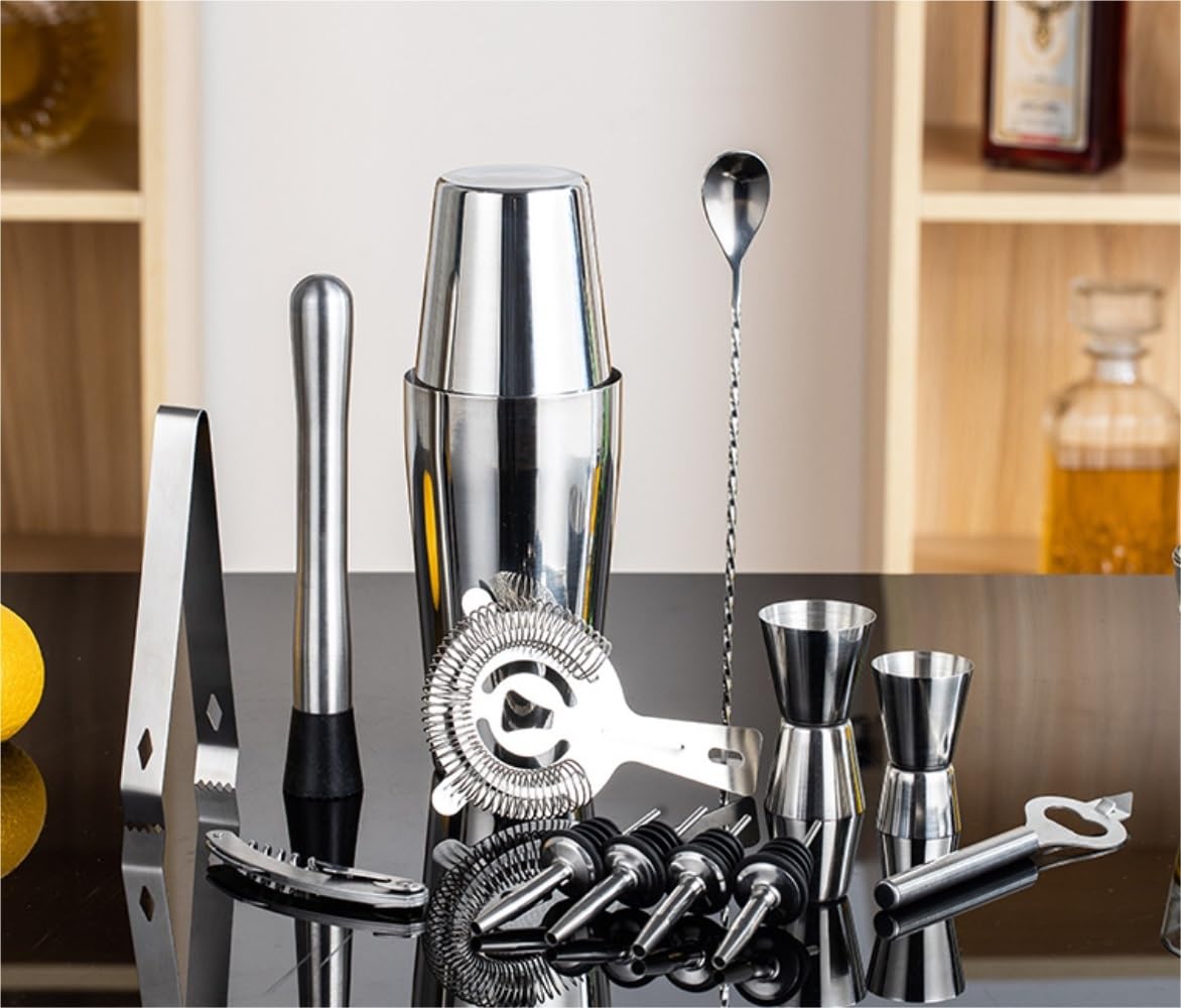 Juego de Cocktail Shaker Kit Mezclador De Coctelera De Acero Inoxidable, Barman De Bar, Coctelera, Cuchara, Pinzas De Hielo, Juego De Herramientas Con Estante Para Vino Coctelera Profesional Herramien