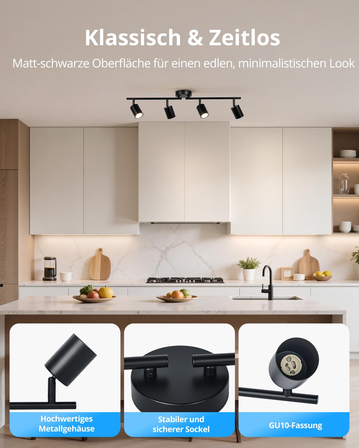 Gr4tec Deckenstrahler Schwarz 4 Flammig, Modern Deckenleuchte Strahler Schwenkbar, Metall Deckenlampe Spots GU10, Küchenlampe Deckenspot für Flur Büro Schlafzimmer (Ohne Leuchtmittel)
