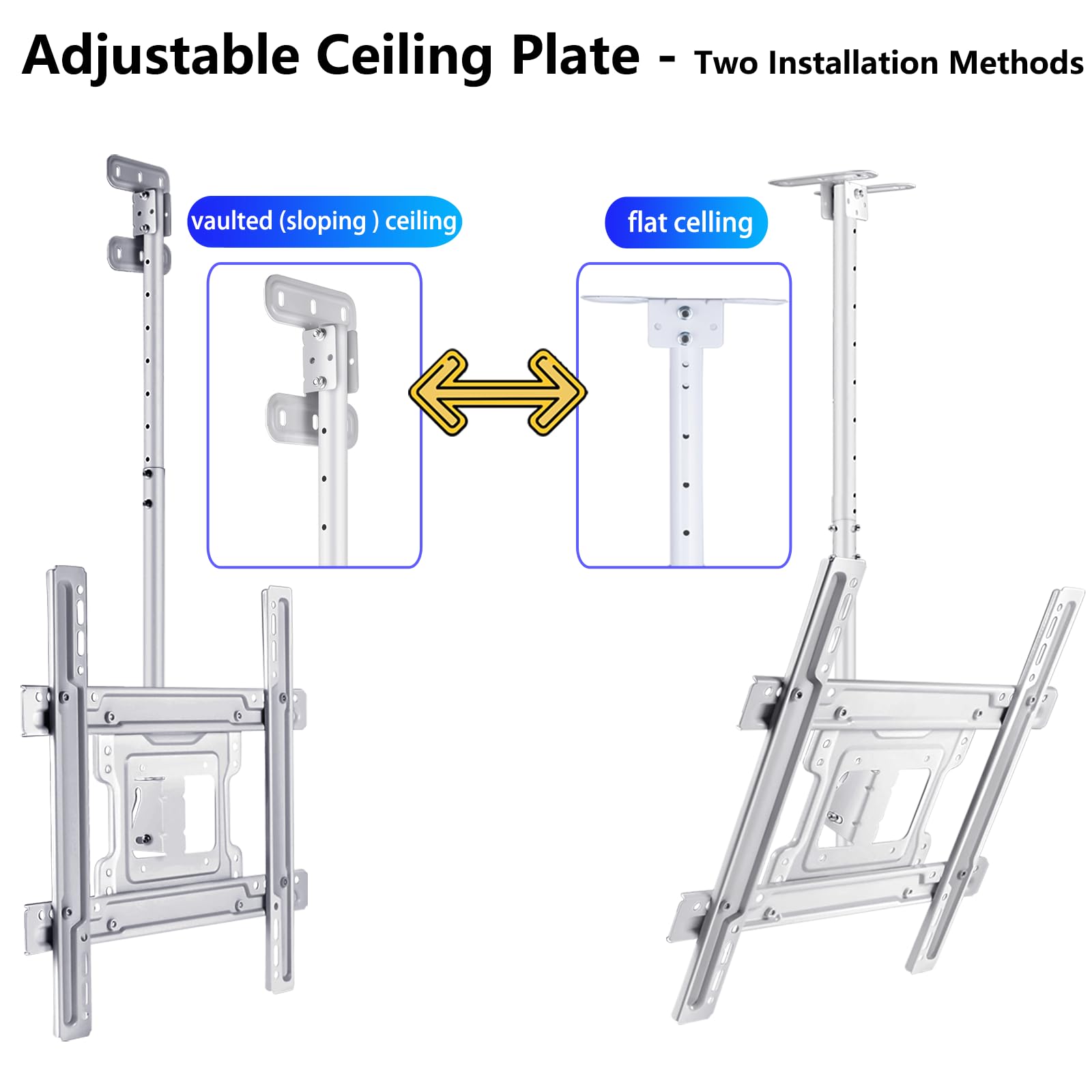 Support de plafond pour TV à écran plat incurvé de 42 à 75", VESA max 400 x 400 mm, peut supporter jusqu'à 50 kg, inclinable et pivotant, hauteur réglable, blanc
