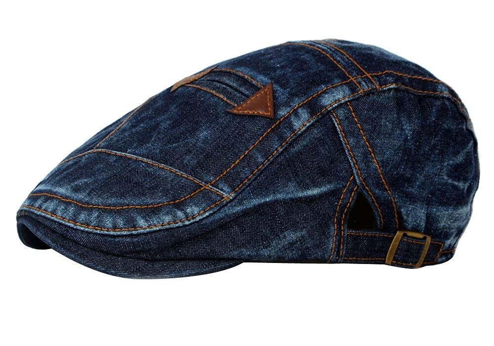 Kangqifen Mens Womens Distressed Flat Cap Washed Denim Newsboy Cap,Navy Blue