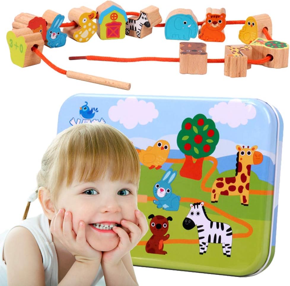CenYouful Lacing Toy Wooden Block Set, Early Educational Toys String & Lacing Beads Games for Toddlers Kids Terrestrial Animals Learning Toy Play Set (12 Pieces) (Animal)