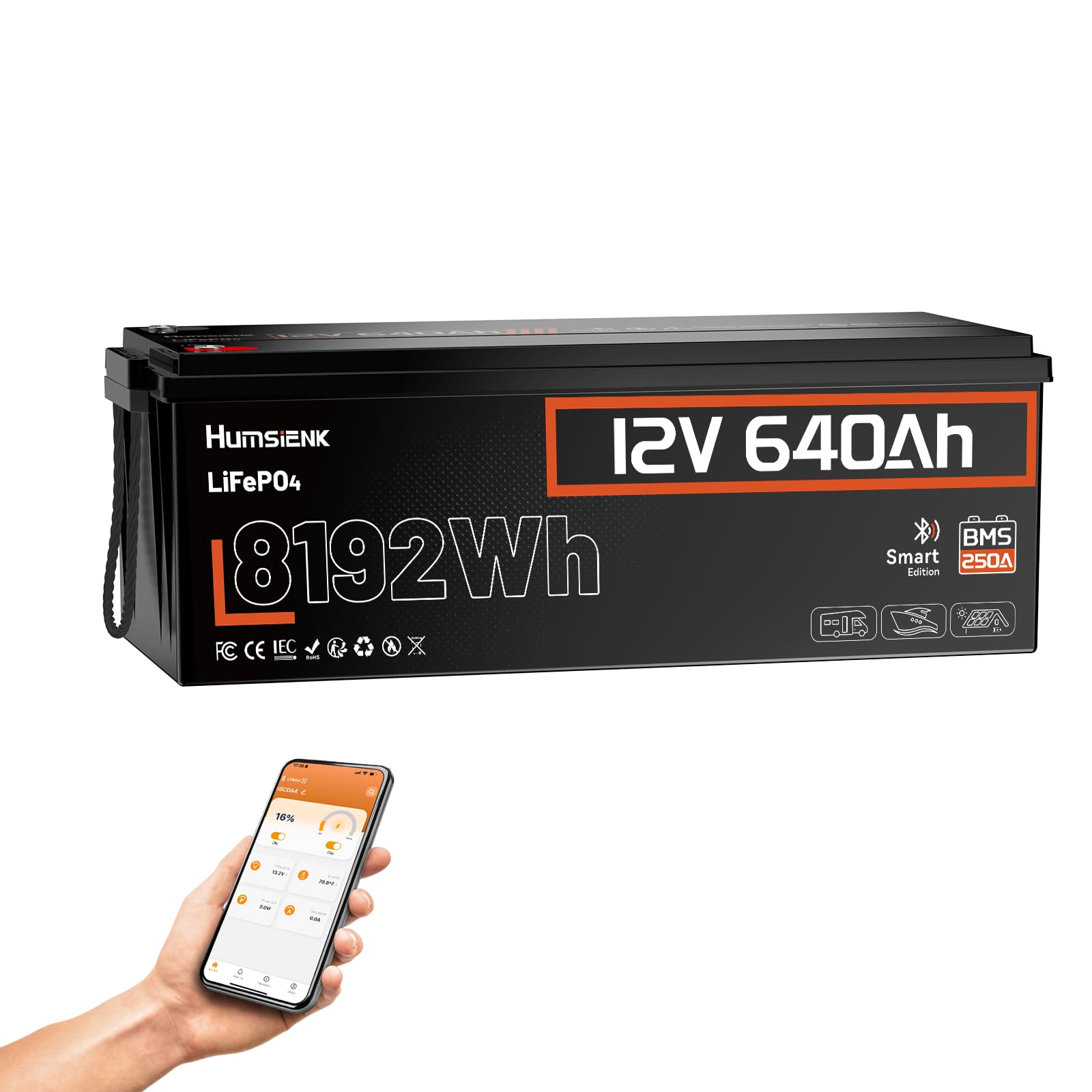 Humsienk Bluetooth Batterie Lithium 12V 640Ah LiFePO4 avec 250A BMS Protection, Plus de 6000 Cycles,8192 Wh,pour Camping-Car, Marine, Installation Solaire, Système Hors Réseau,Alimentation de Secours