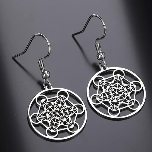 Miniatura 5 de Metatron - Aretes de cubo para mujeres y niñas, de acero inoxidable con geometría sagrada de flor de la vida, aretes hexagonales, joyería de estilo