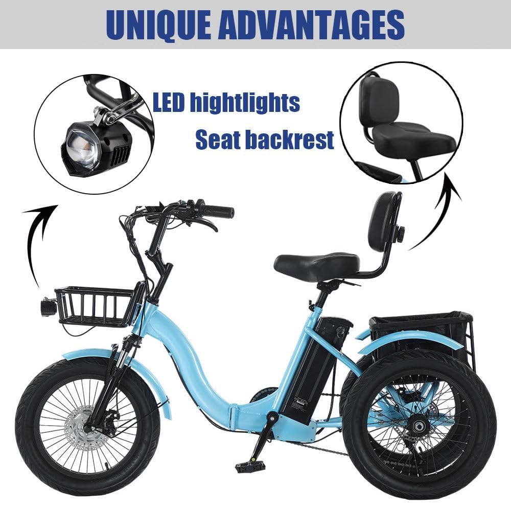 18 Inch Electric Tricycle for Charging 3-Wheel Electric Bike Folding Adult Electric E Bike with Storage Basket Large Tyres for Adults Electric Bicycle, Load Capacity 30 kg Blue