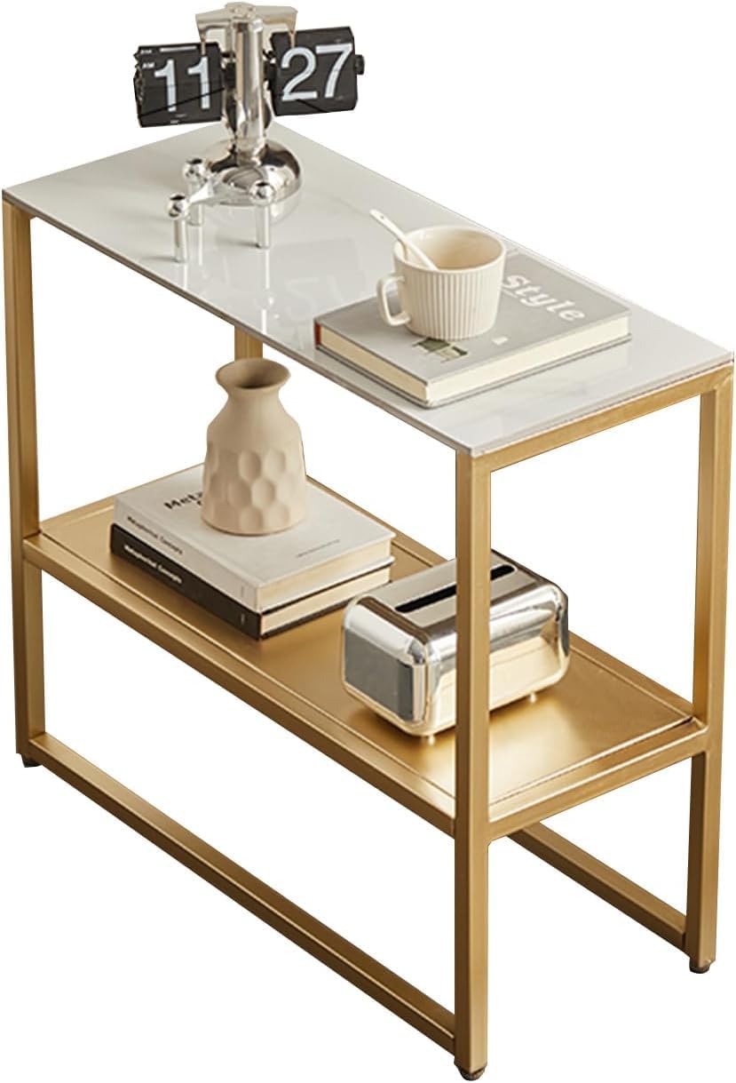 Aimery Office End Table Square Sofa Side Table, Living Room Coffee Table with Iron Shelves, Simple 2 Tier Decorative Snack Table, Rock Slab Top End Table (Color : A, Size : 65 * 28 * 57CM)