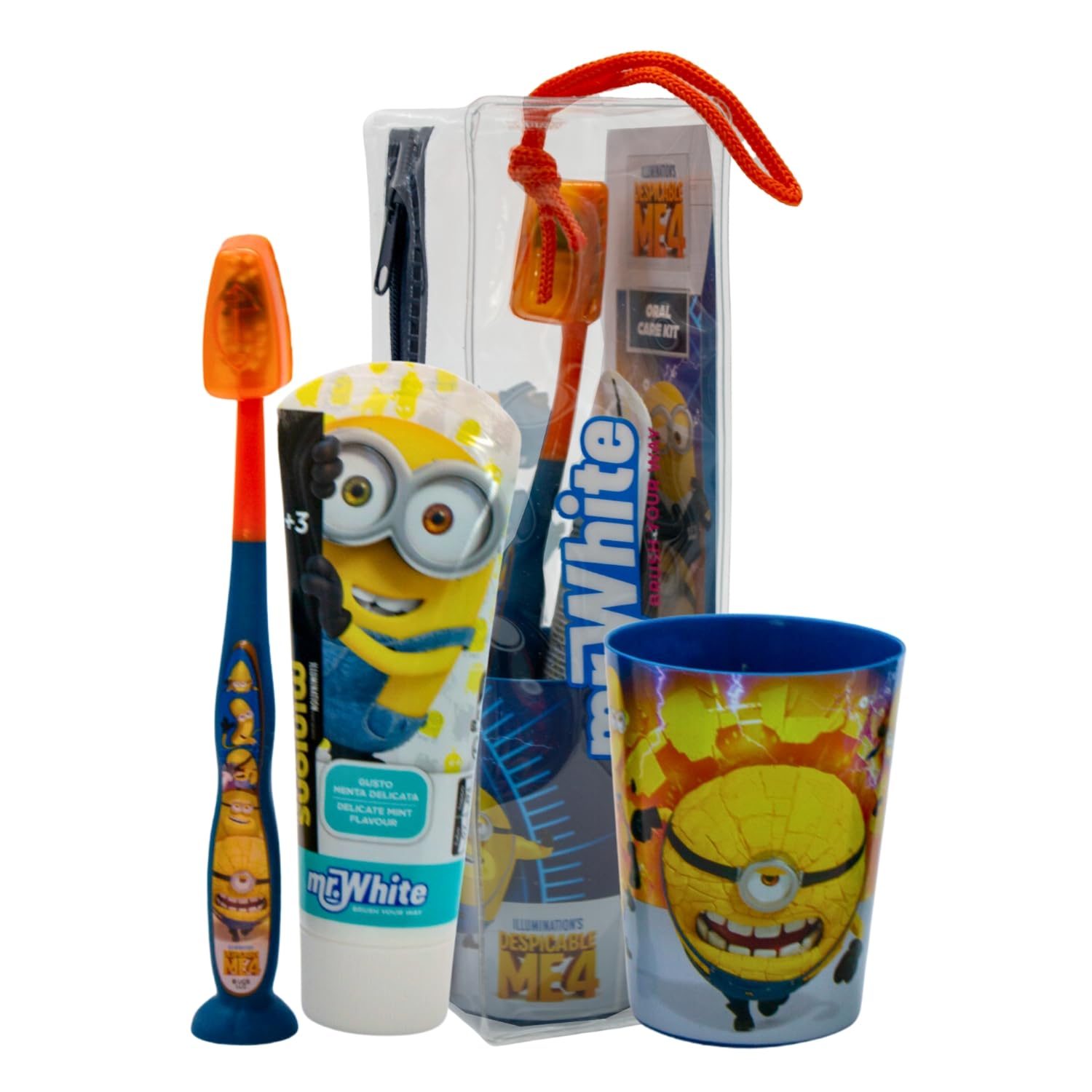 Minions Kids Toothbrush Set | BPA-Free & Non-Toxic | Soft Bristles Toothbrush with Protection Cap, Suction Cup, Mint Flavour Toothpaste, Multi-Purpose Cup, Toiletry Bag for Children Aged 3-12