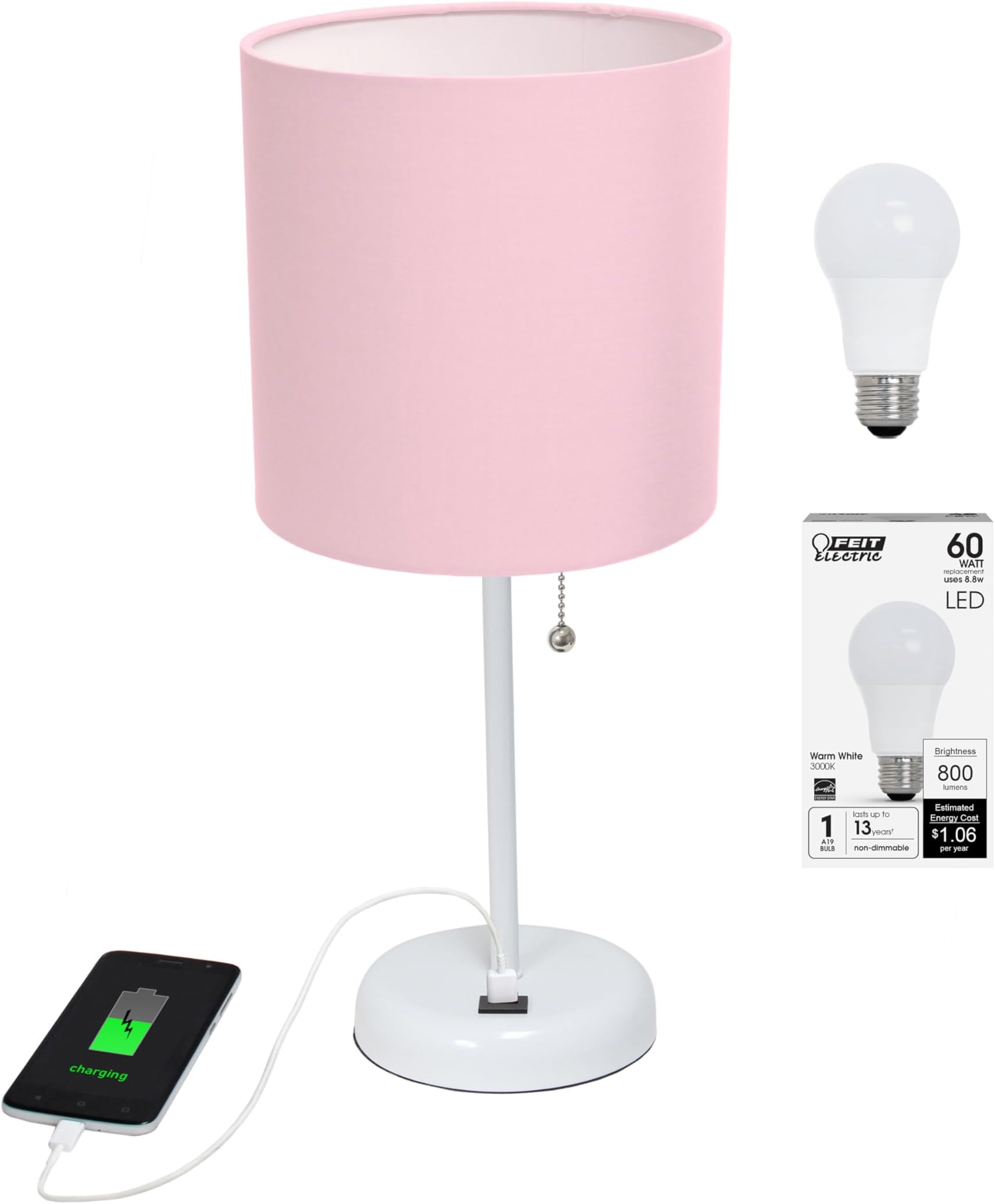 Simple Designs LT2044-POW-LB White Stick Table Desk Lamp with USB Charging Port and Drum Fabric Shade for Living Room, Hallway, Nightstand, Office, Light Pink Shade, with Feit LED Bulb Included