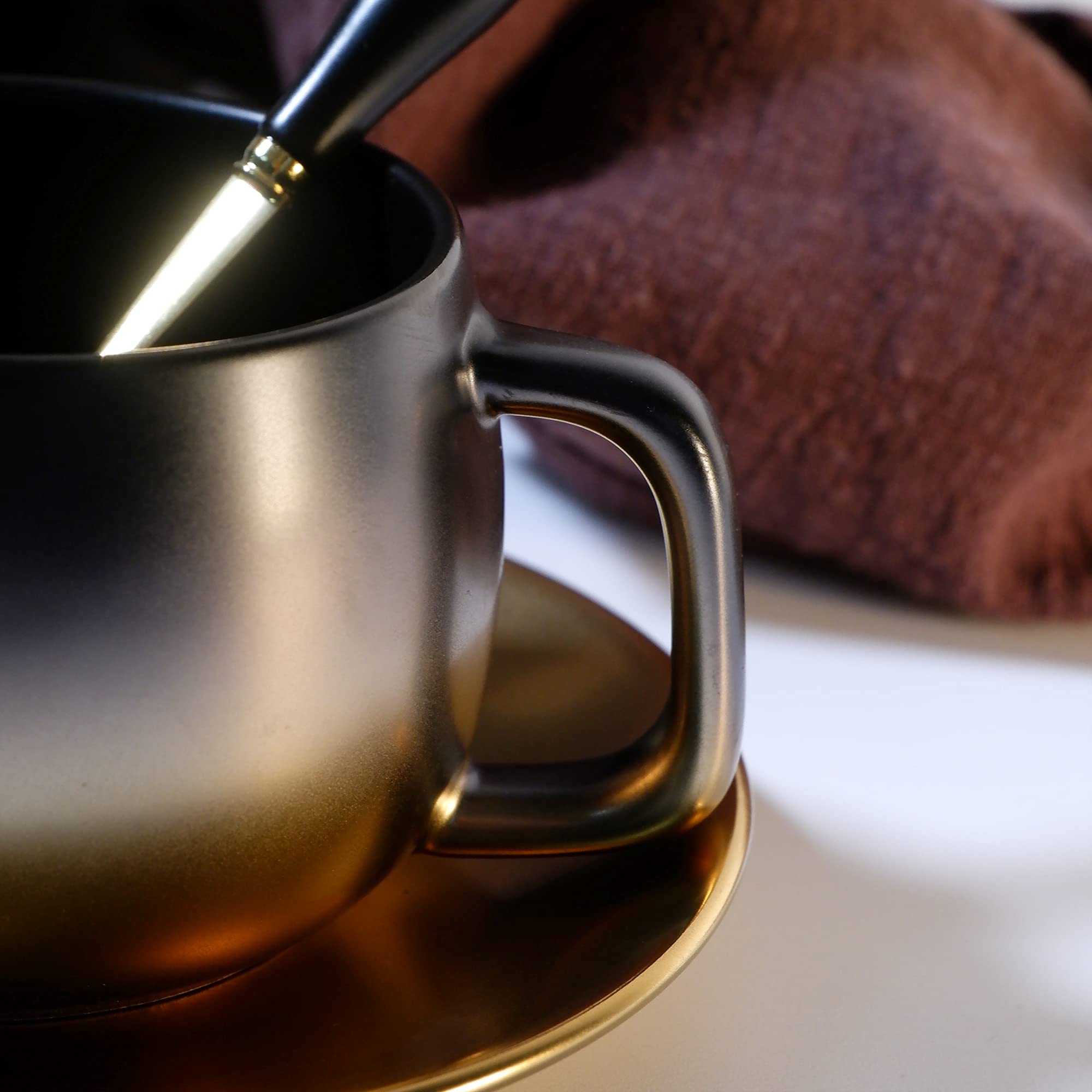 MDHCOP Mugs,Coffee Mug,European Style Coffee Cup Set Black Gold Vintage 6oz Ceramic Cup Coffee Mug With Spoon&Irregular Cups And Saucers For Latte,Americano,Cappuccino,Tea,Beer Black-180ml