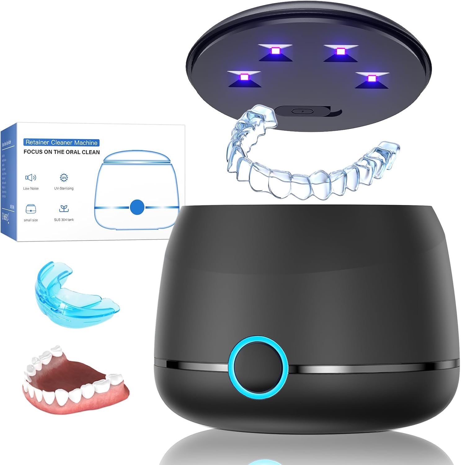 Ultrasonic Retainer Cleaner, 45kHz Denture Cleaner Machine, 5min and 10min Modes with Rechargable Top Cover, 200ml Dental Cleaning Pod, MouthGuard Cleaner for Aligner NightGuard Jewelry