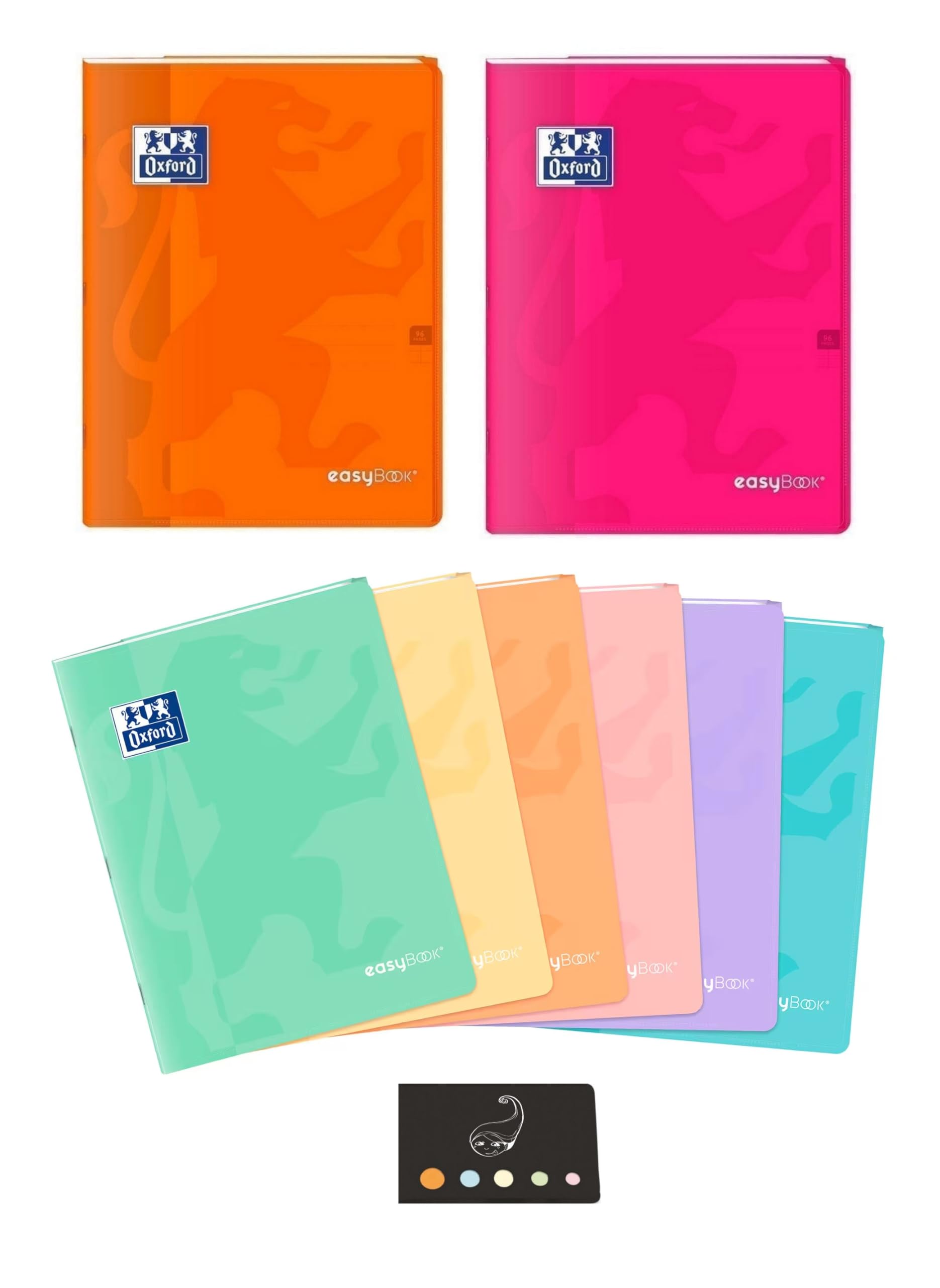 EasyBook Polypro Notizhefte mit Klappen – 24 x 32 cm – große Seyes-Karos – 96 Seiten – verschiedene Farben + 1 Index Blumie (3 Pastellfarben + 2 lebhaft)