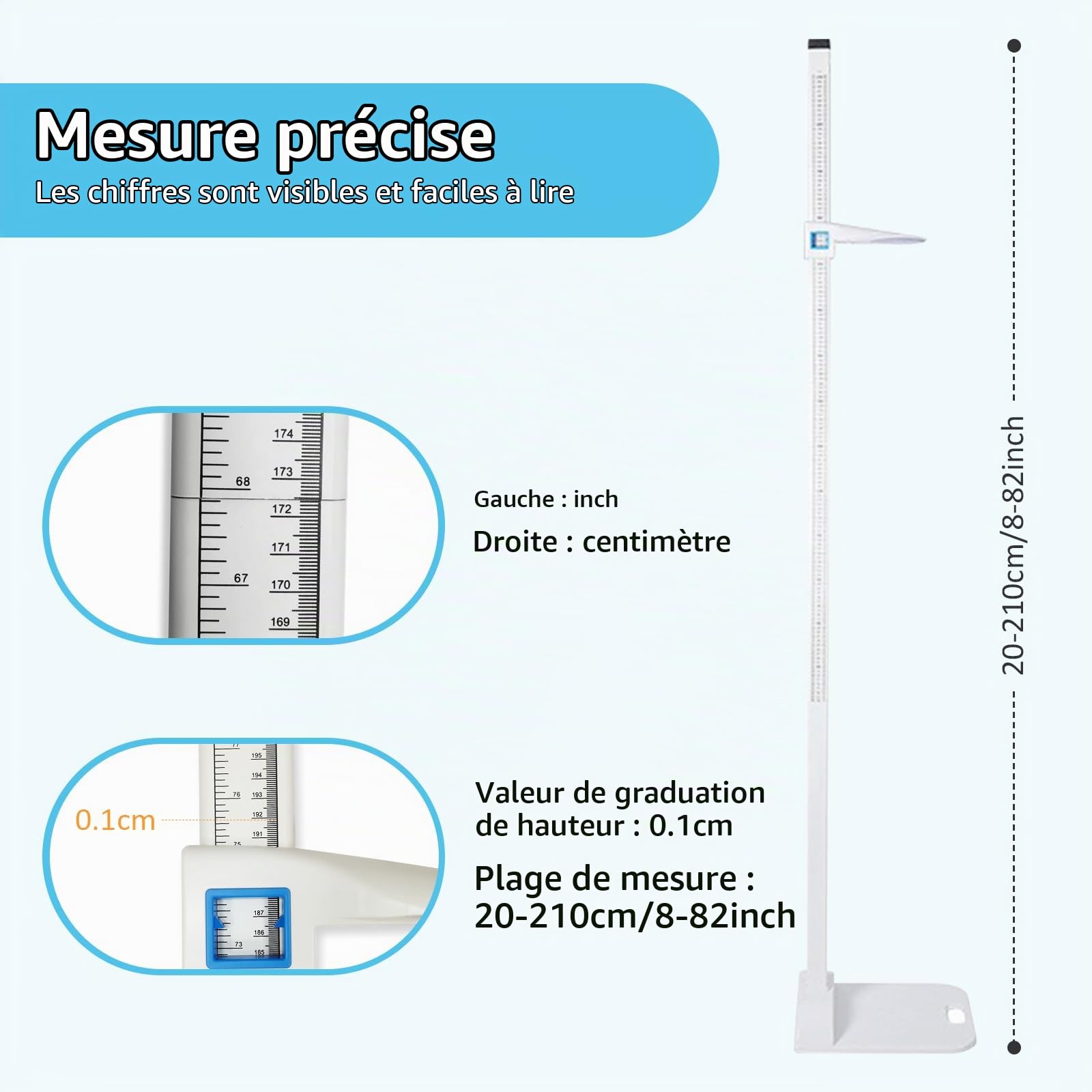 Barre de mesure de hauteur 20-210 cm, Stadiomètre portable | 20–210 cm, support mural pour stadiomètre, toise médicale, Toise de Mesure Taille Médicale Jauge de hauteur
