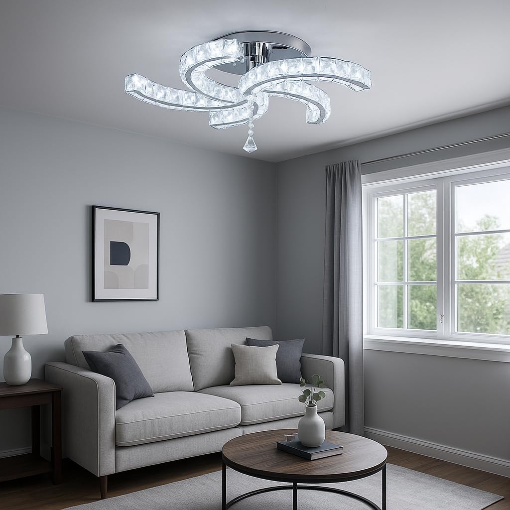 Finktonglan 19.7" Crystal Semi Flush Mount Ceiling Light, 5-Light LED Modern Chandelier, K9 Crystal & Acrylic, 25W, 6500K Cool White, Bedroom Living Room Dining Room Ceiling Lighting Fixture