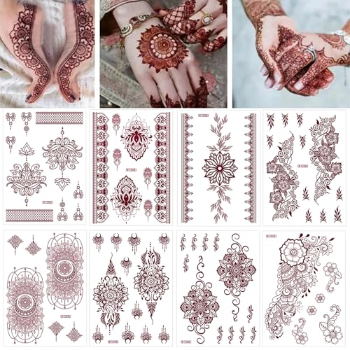 8 Sheets Brown Henna Tattoos Temporary Stickers Women Body Art