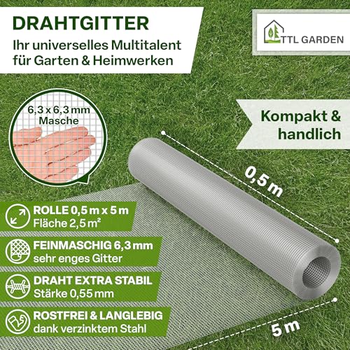TTL GARDEN 50cm x 5m Drahtgitter feinmaschig rostfrei verzinkt 6,3mm Masche 0,55 mm Draht Stärke - auf Rolle Maschendraht Volierendraht Hasendraht Wühlmausgitter 5m x 0,5m breit 6,3 mm Maschenweite