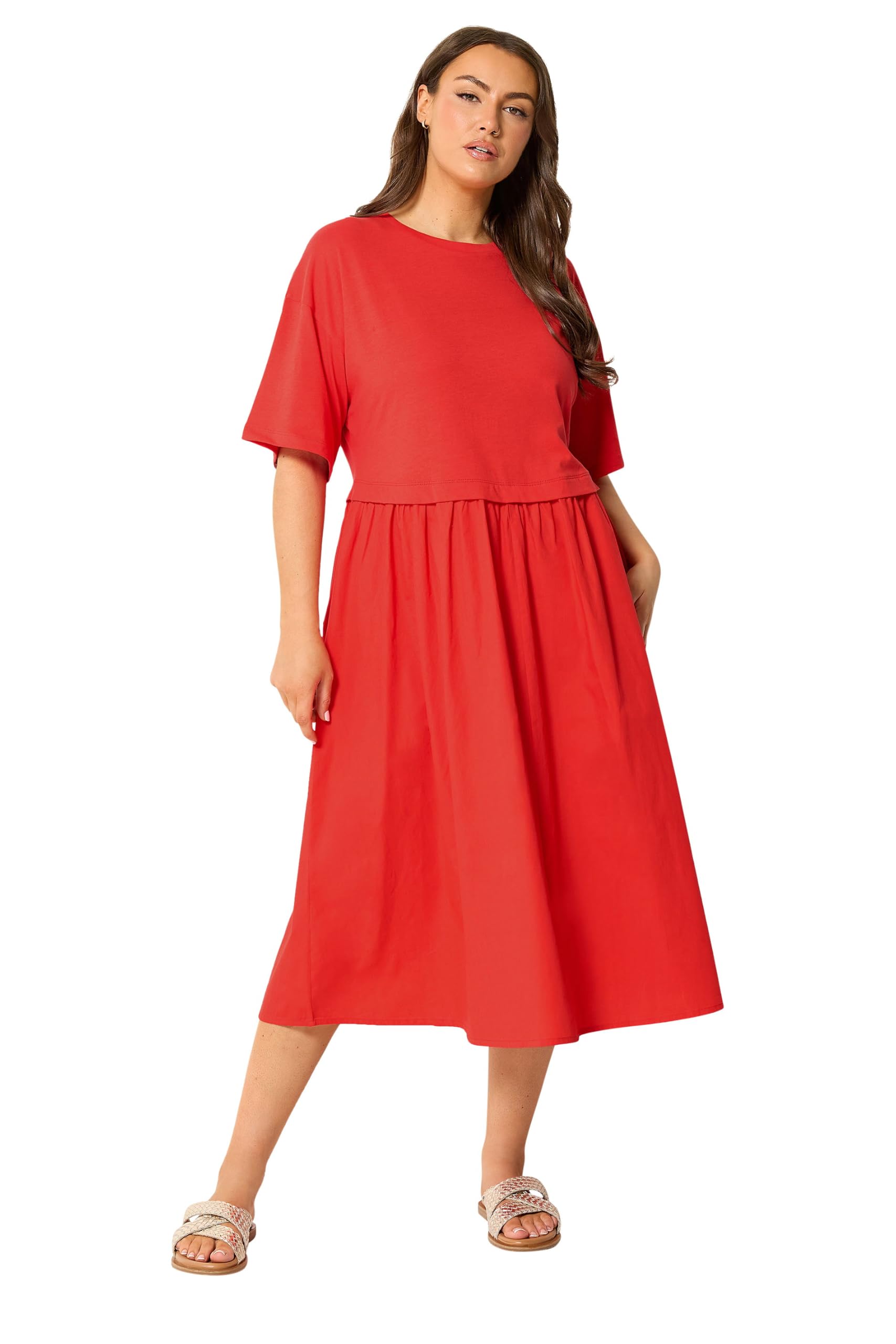 Yours Women's Red Poplin T-Shirt Midi Dress In | Size: 20