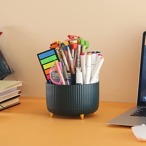 Miniatura 9 de DOCMON Portalápices giratorio para escritorio, organizador de escritorio giratorio, 5 ranuras para bolígrafos con 50 hojas de notas adhesivas para