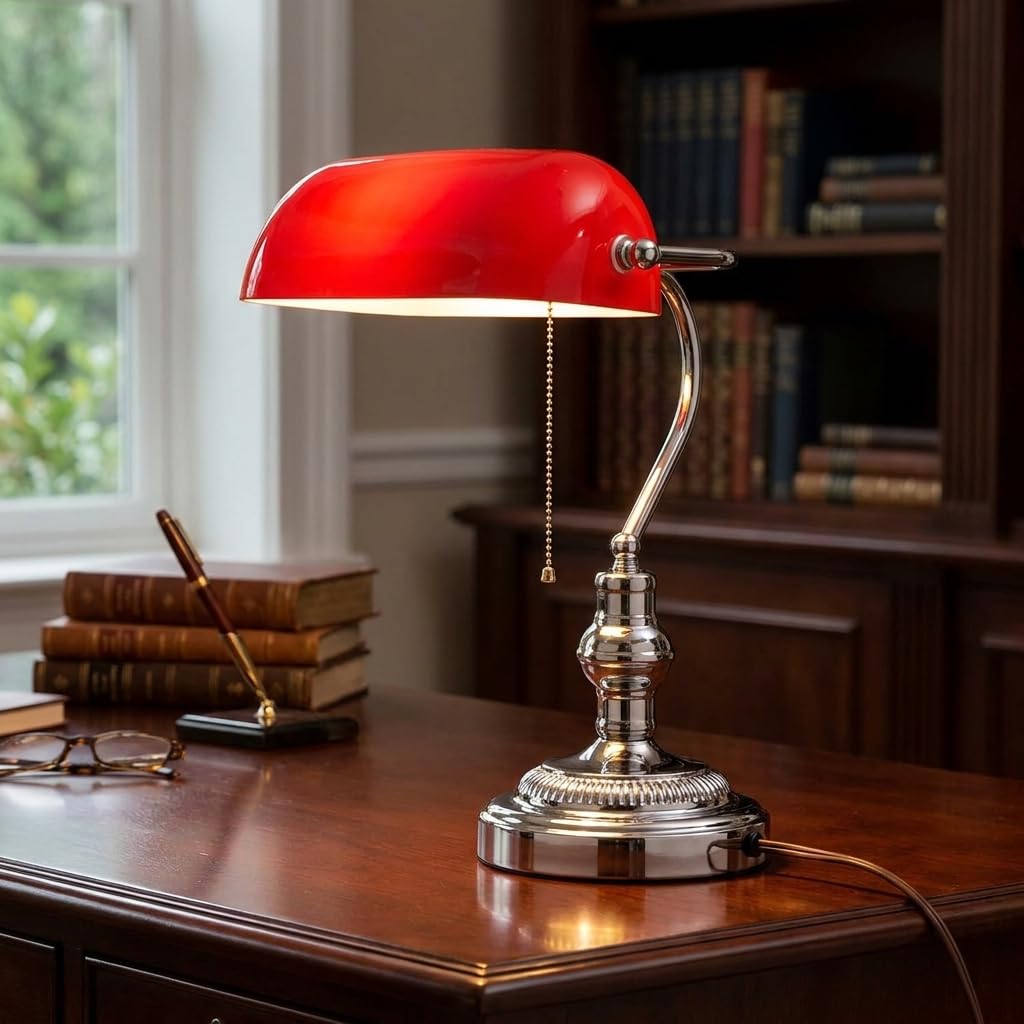 BARCELONA LED Lampada da Tavolo Banker Vintage E27 Paralume in Vetro Rosso Base Cromata Orientabile Luce da Scrivania Classica Stile Industriale Retrò Nordico per Ufficio