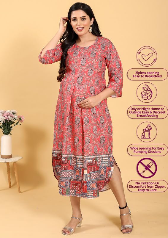 Image of RITIJYA Zipless Feeding Kurtis & Dresses for Women | Zipless Maternity Wear Gown Pregnancy Dress for Nursing Mothers | Viscose Rayon | Stylish & Comfortable | S to 4XL | Washable & Durable