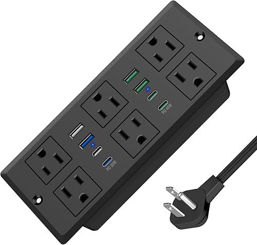 Miniatura 8 de VILONG Regleta de alimentación empotrada 14 en 1 con PD 45W USB-C, salida de cajón empotrada, 6 salidas y 8 puertos USB, enchufe plano de 45, cable