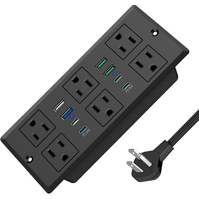 45W Recessed Power Strip, Flush Mounted Surge Protector(1200J) with 6 AC Outlets & 8 USB Ports(4 USB-C), 45°Flat Plug, 6FT Flat Power Cord(Black)