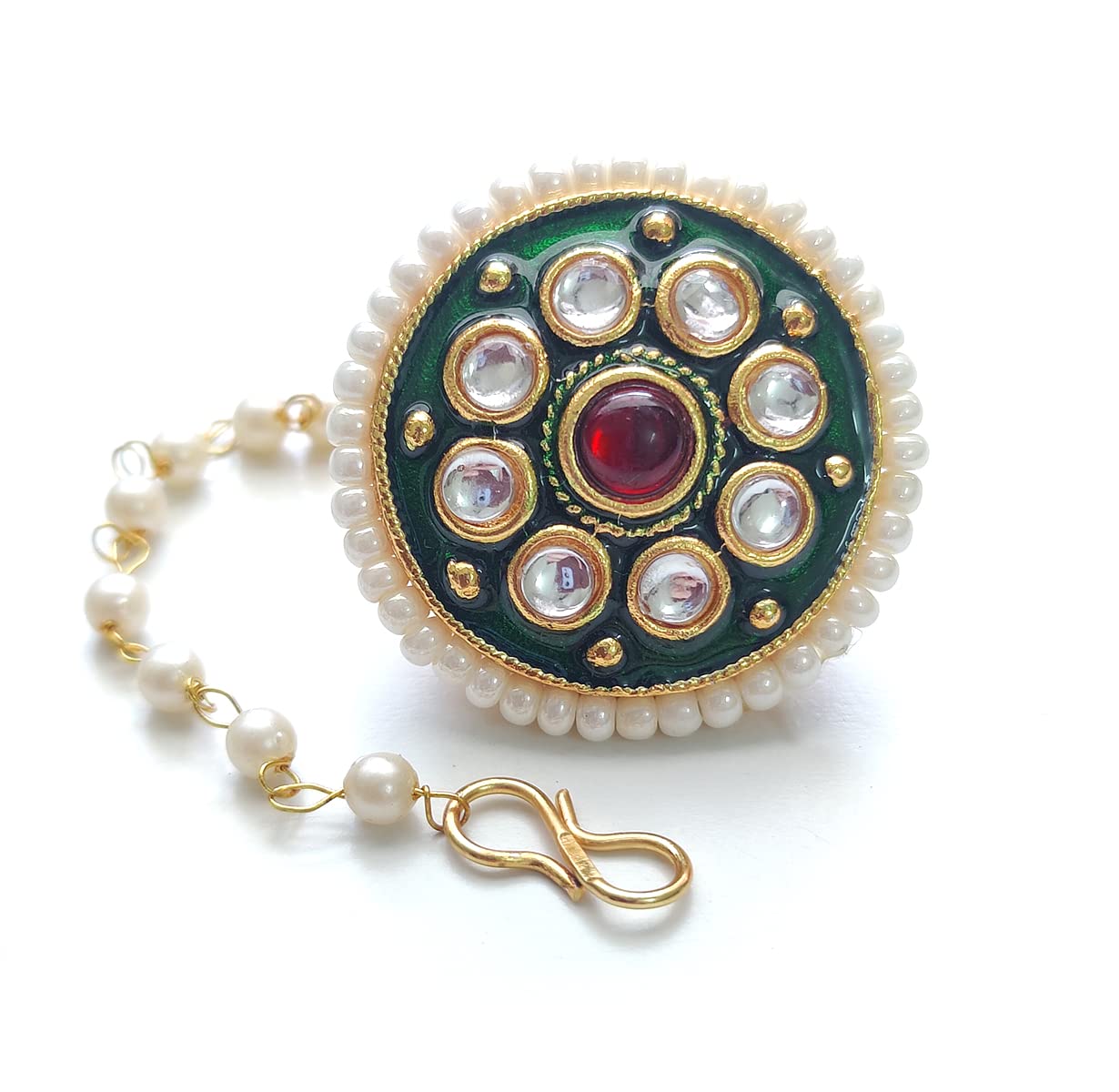 Aashya MayroRajwadi, Green Meenakari and Kundan Stone, Pearl Chain, Gold Plated Big Borla, Maang Tikka, BOR, for Women Girls