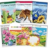 Kalysky Mystery Mosaics Color by Number Coloring Book, 3Pcs Relaxing Squares Triangles Hexagons Coloring Books for Adult, Color Quest Challenge to Reveal Animals Flower Landscapes in Pixel Art