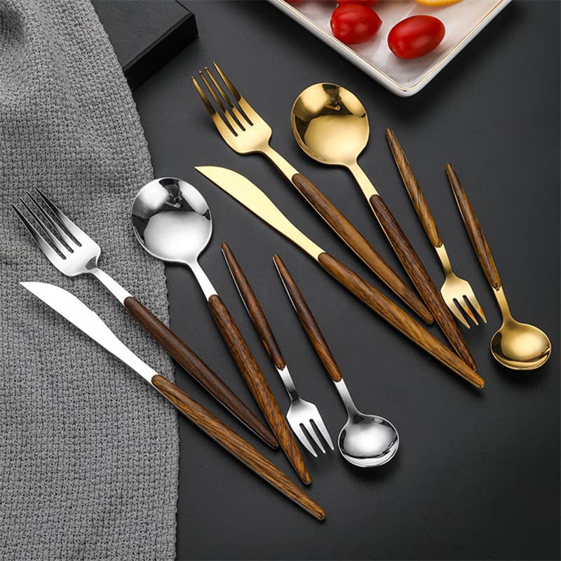 Vajilla Cubiertos Juego de cubiertos de acero inoxidable de 30 piezas con mangos de madera Cubiertos for 6 personas, Cubiertos for banquetes domésticos Servicio de cena